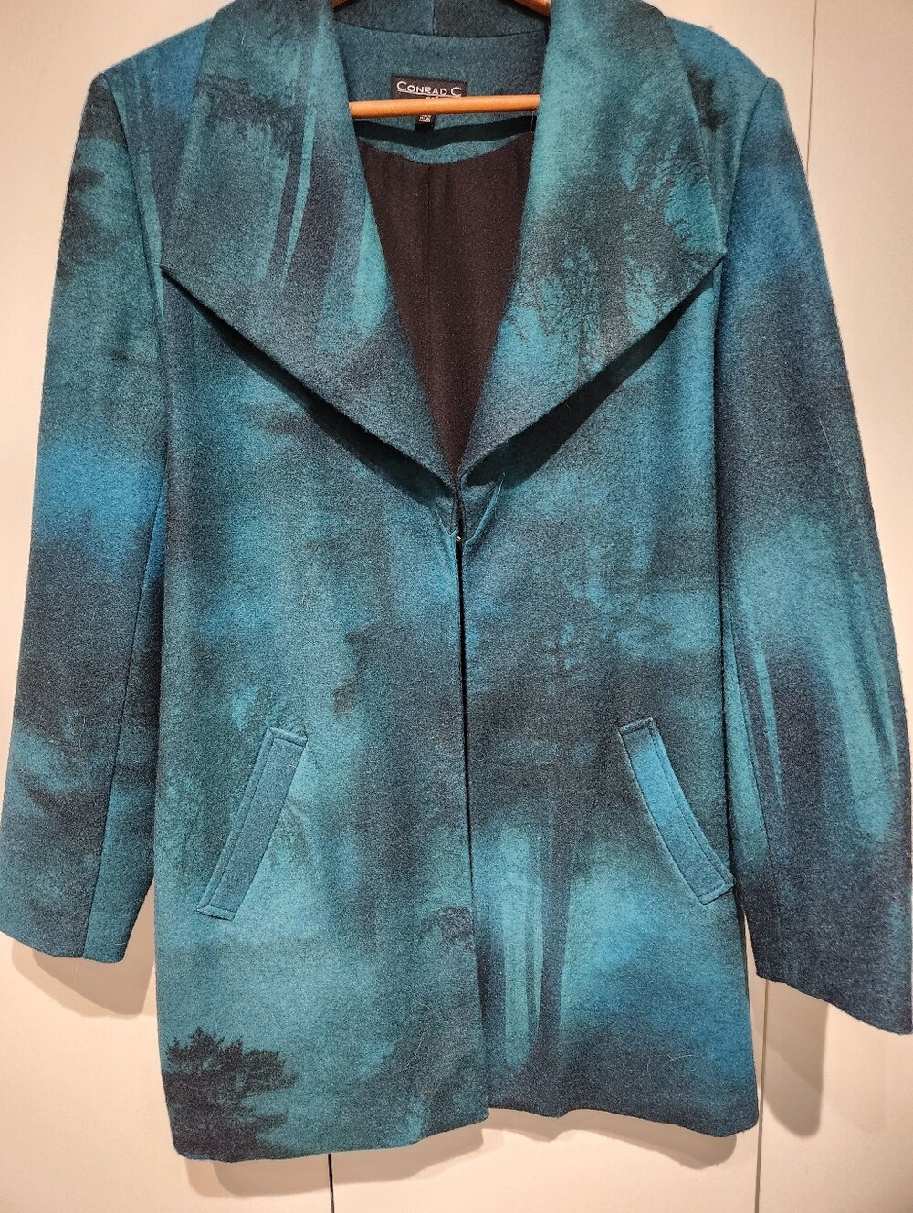 Teal & Black Printed Wool Blend Coat